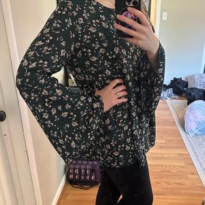 LOFT green floral top with bell sleeves size L